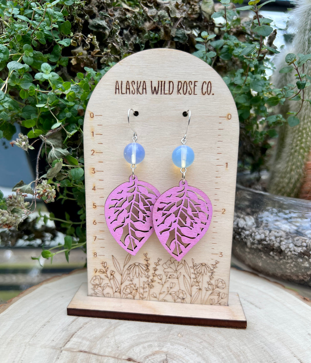 Opalite and Pink Leaf Wood Earrings