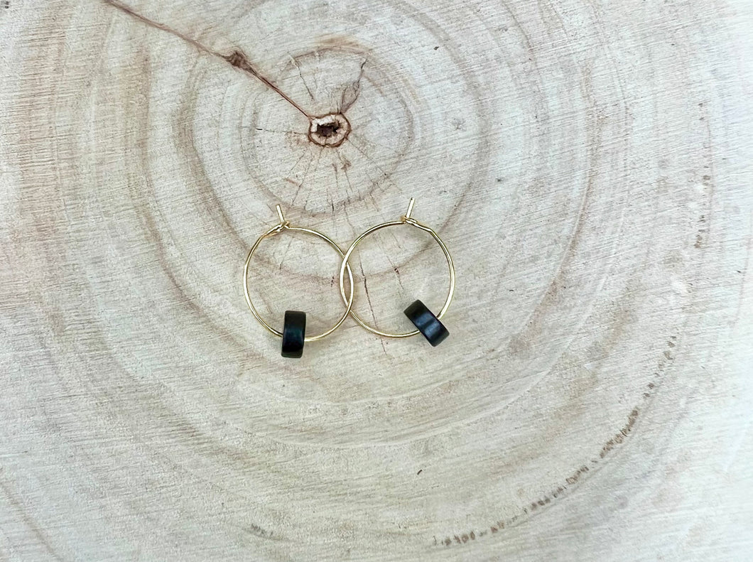 Small Gold and Black Agate Hoop Earrings