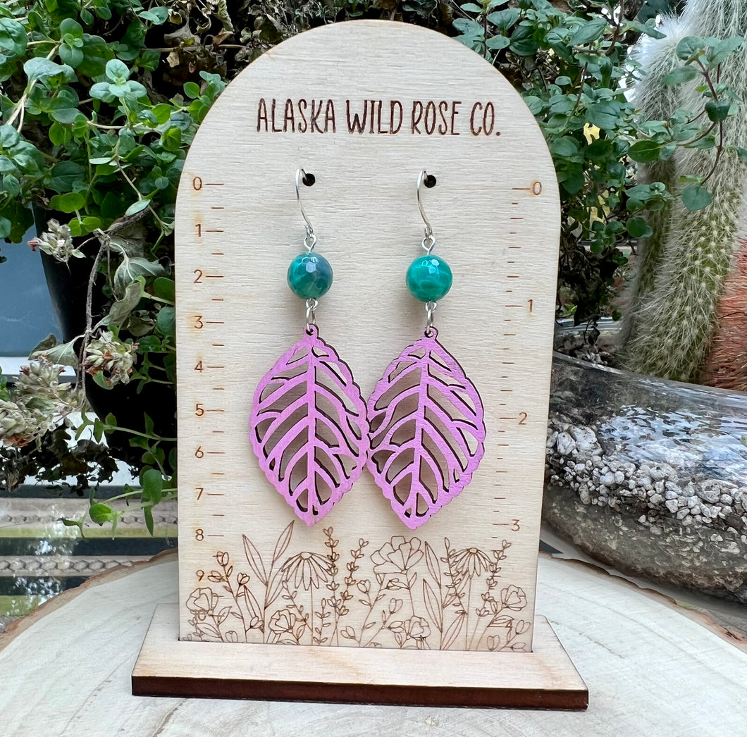 Peacock Agate and Pink Leaf Wood Earrings