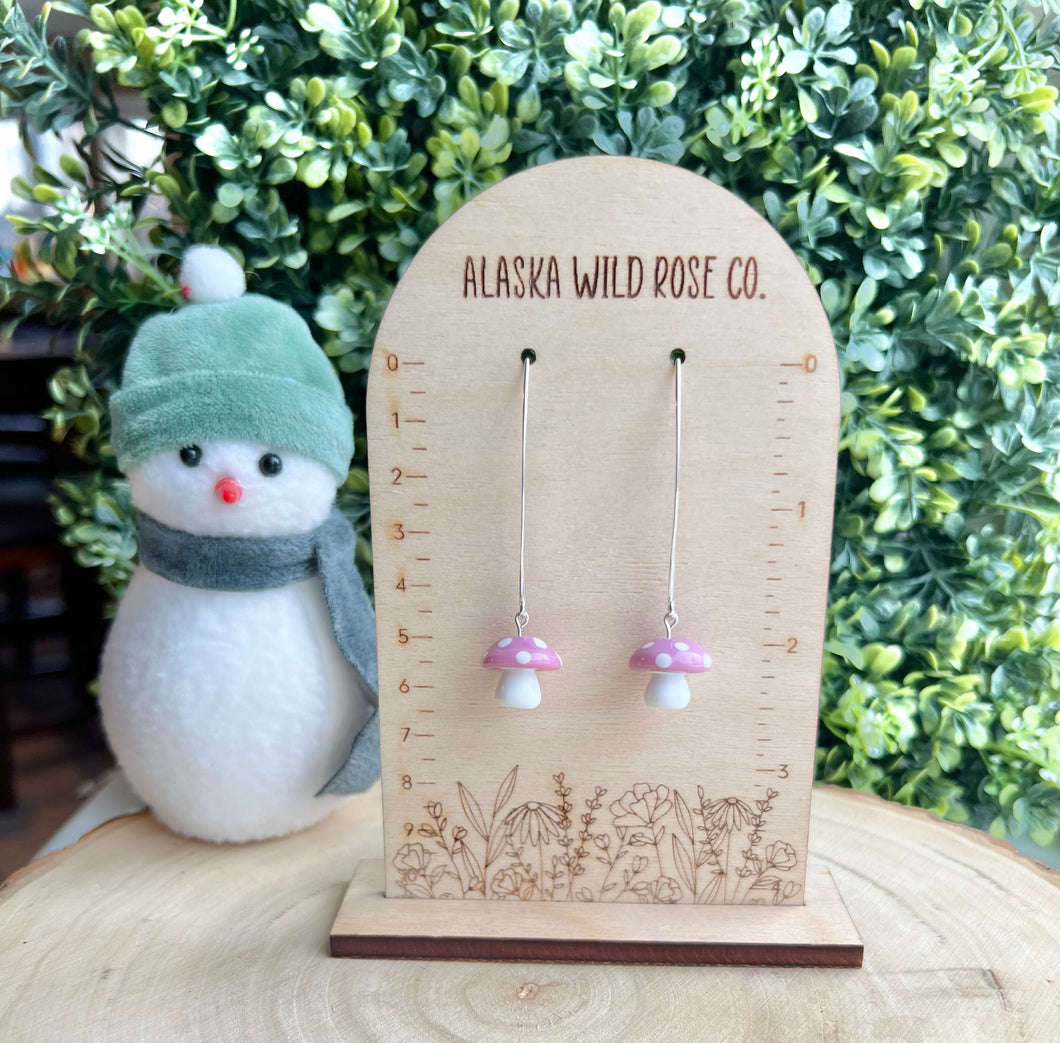 Pink Mushroom Silver Wire Threader Earrings