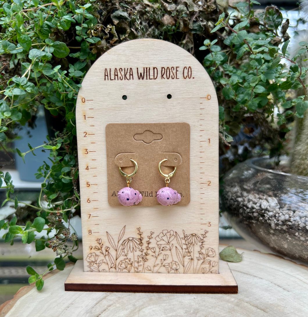 Gold Pink Blowfish Ear Hugger Earrings