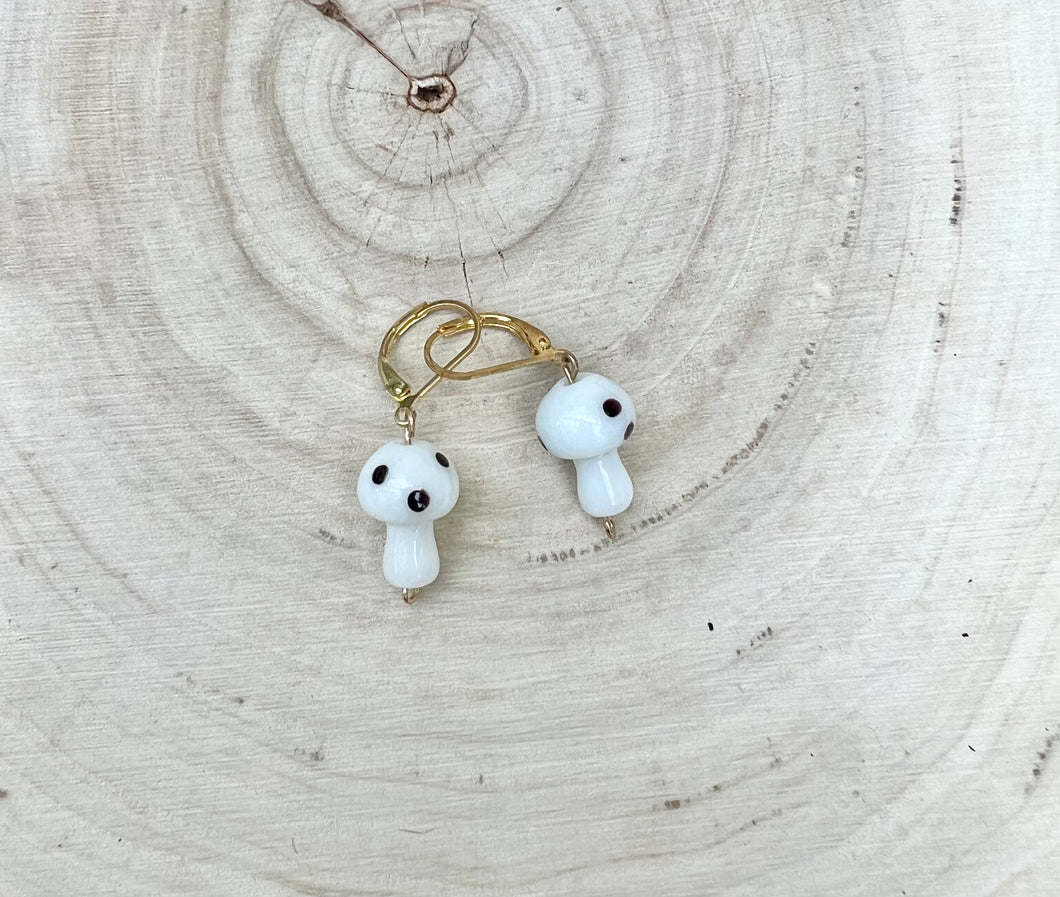 White Mushroom Gold Lever-Back Earrings