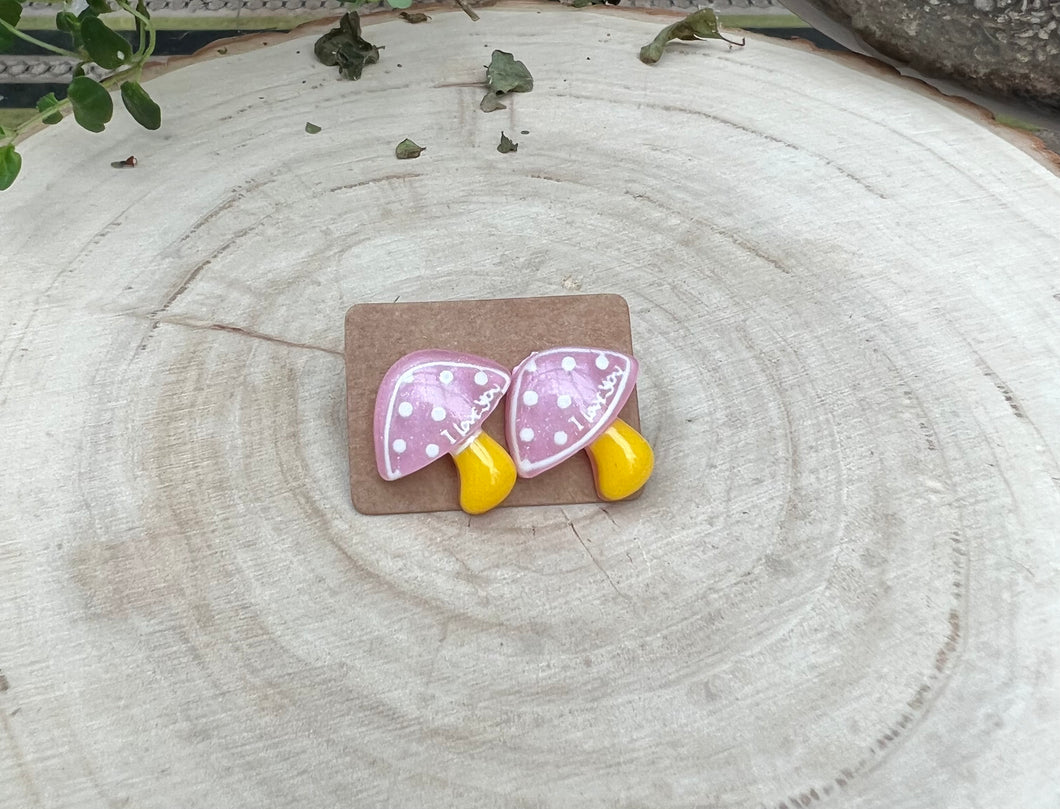 Pink and Yellow Sweetheart Mushroom Stud Earrings
