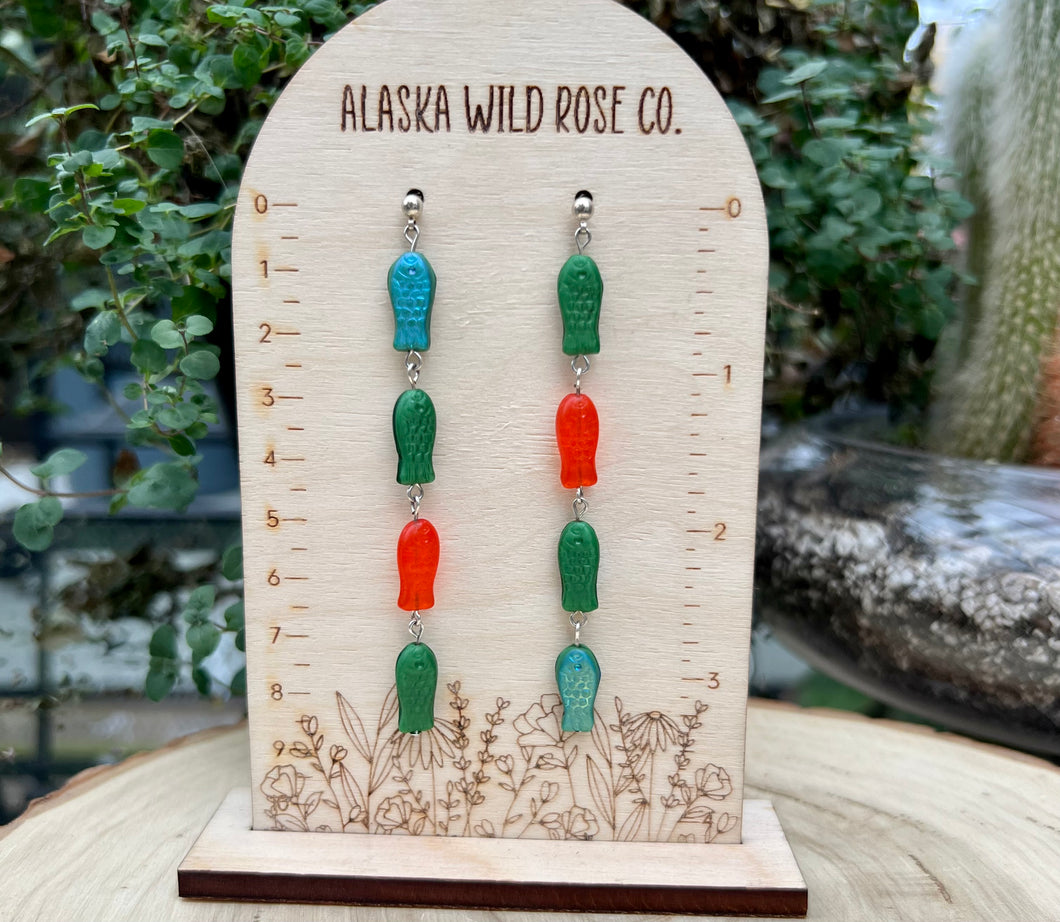 Sterling Silver Green and Red “Salmon Run” Drop Earrings