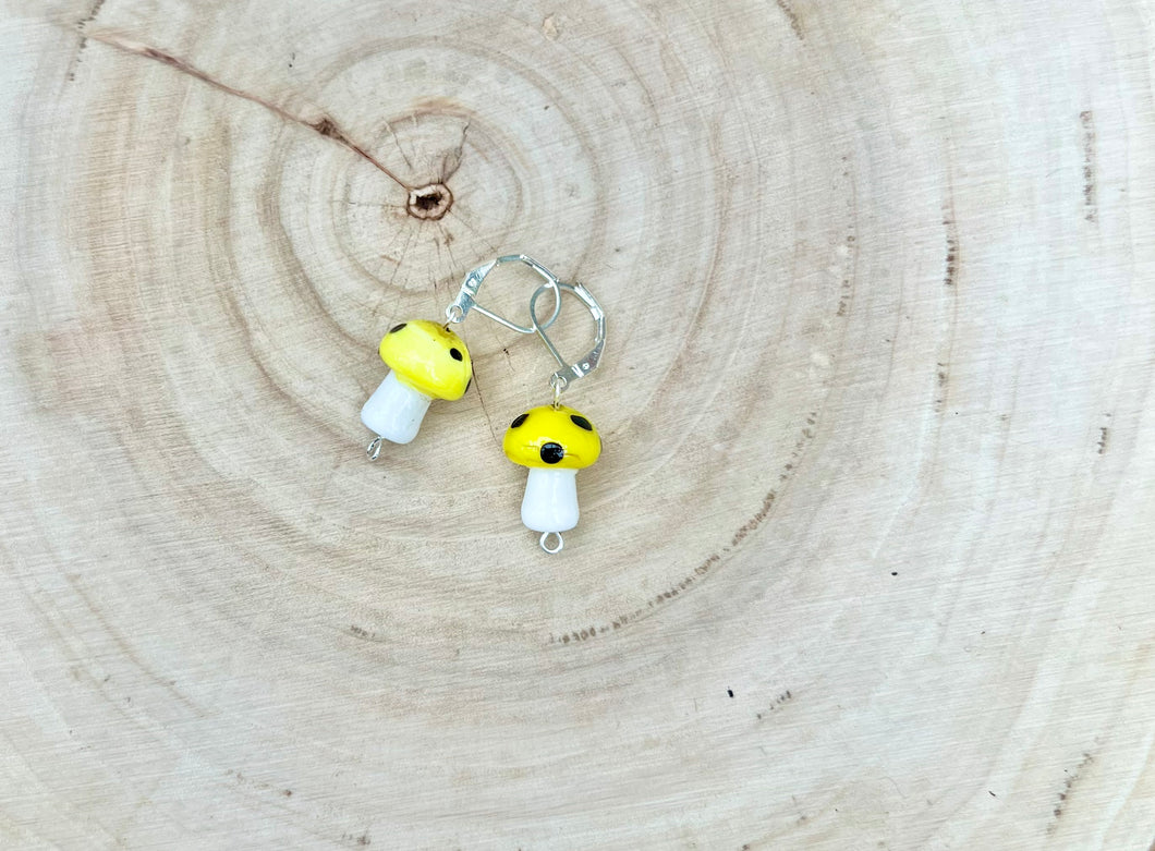 Yellow Mushroom Silver Lever-Back Earrings