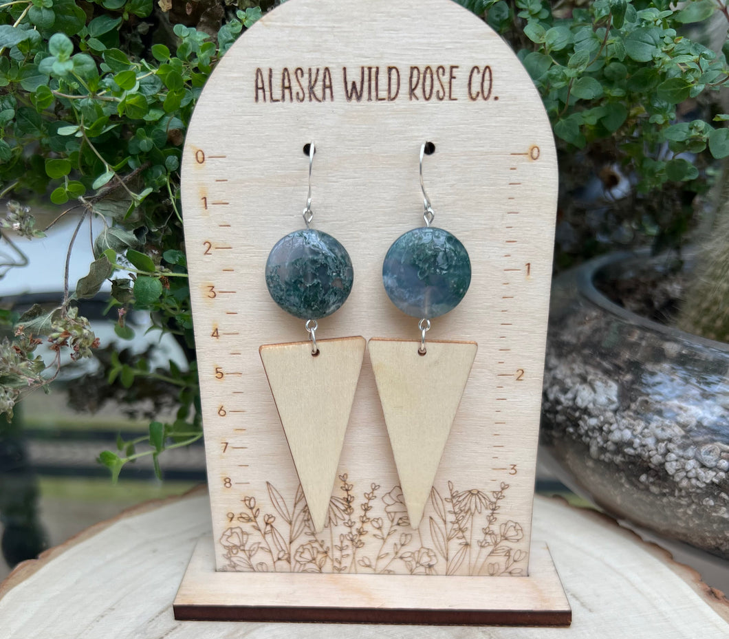 Moss Agate and Wood Earrings