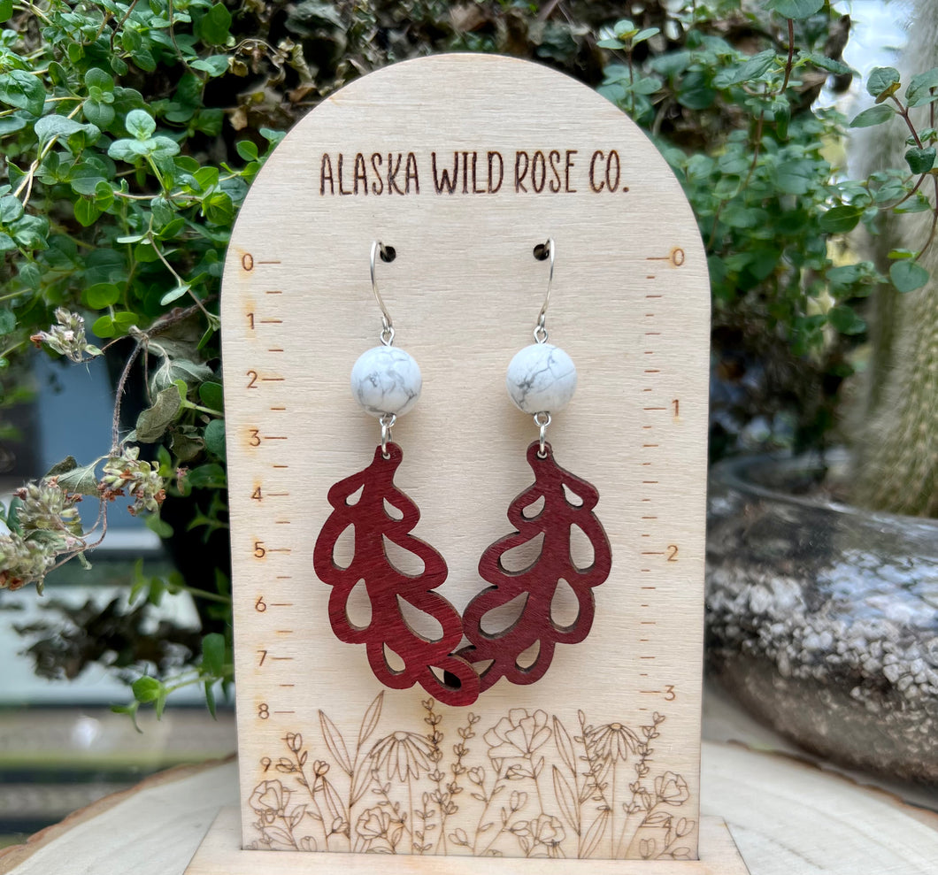 Howlite and Maroon Fern Wood Earrings