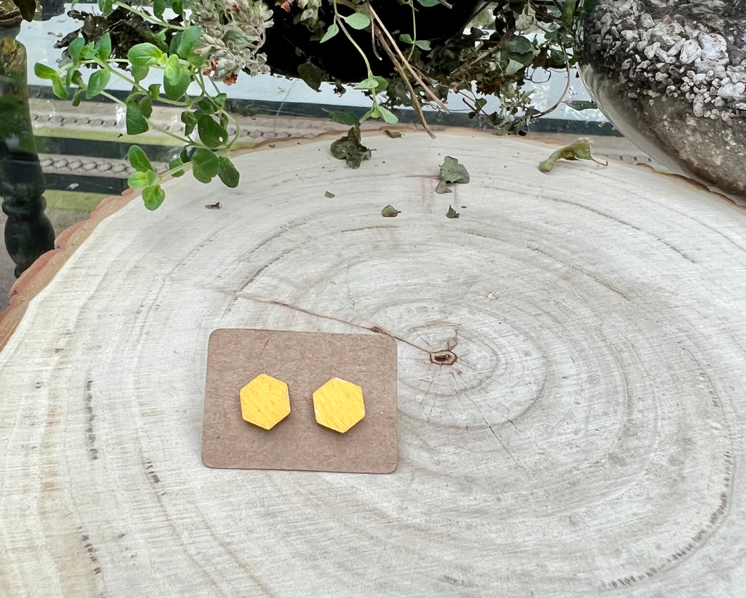 Yellow Hexagon Wood Stud Earrings