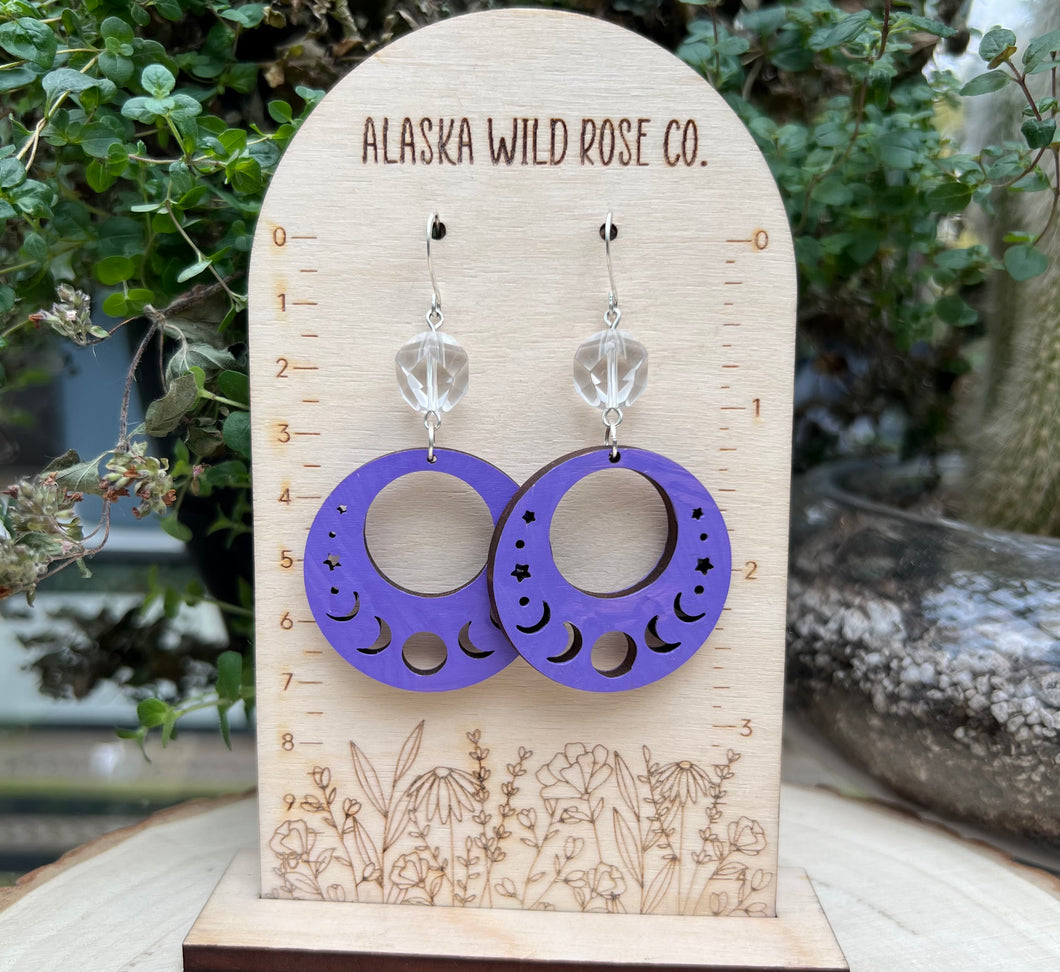 Quartz and Purple Lunar Cycle Wood Earrings