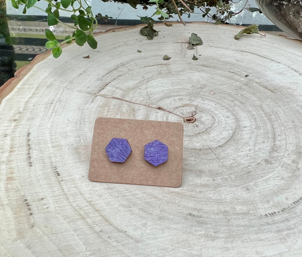 Purple Hexagon Wood Stud Earrings