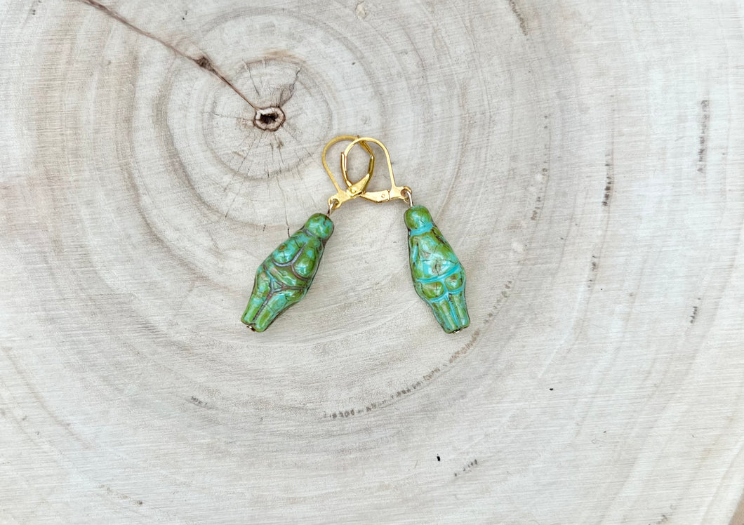 Blue and Green Goddess Gold Lever-Back Earrings