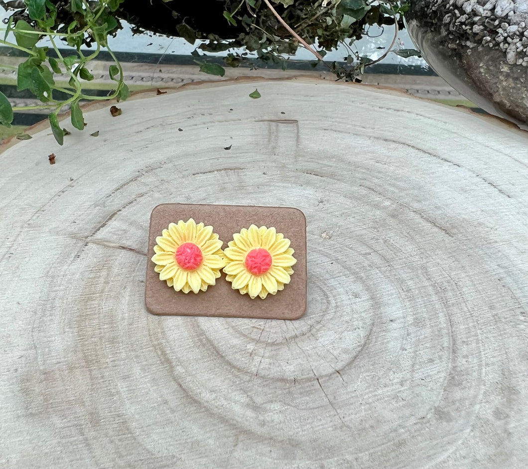 Yellow and Pink Sunflower Stud Earrings