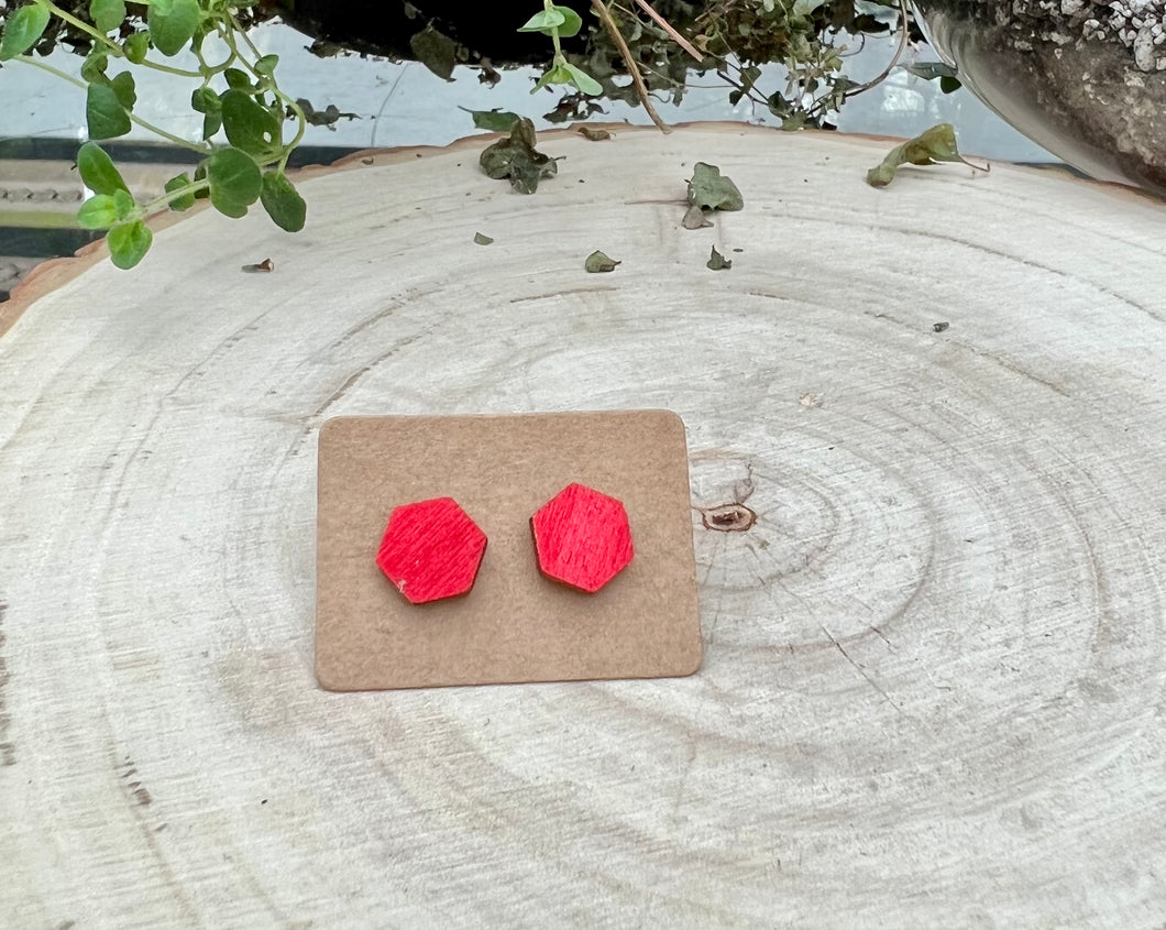 Red Hexagon Wood Stud Earrings