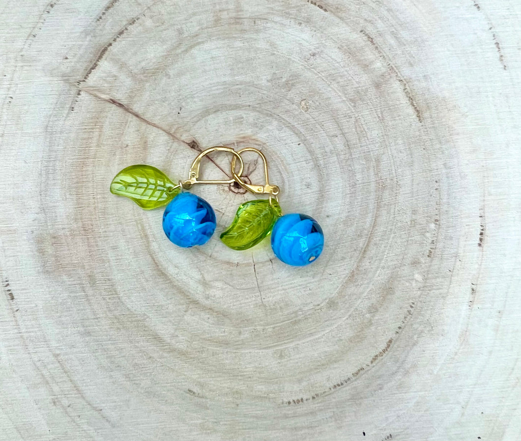 Light Blue Blueberry Gold Lever-Back Earrings