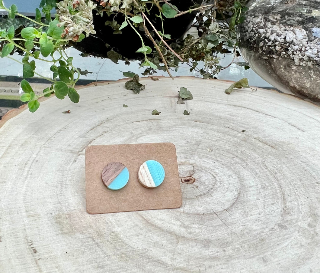 Turquoise Wood and Resin Stud Earrings